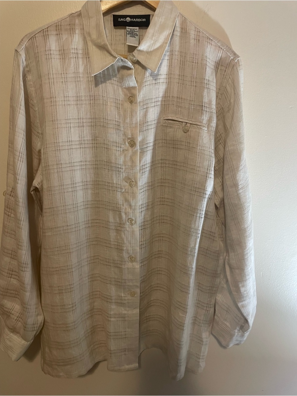 Sag Harbor Women's 100% Linen Beige Plaid Lightweight Button-Down Shirt